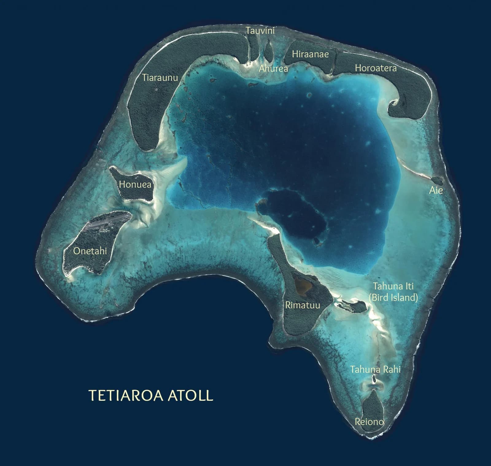 Annotated aerial view of Tetiʻaroa, showing its lagoon surrounded by reef and named motu, with no central volcanic mountain