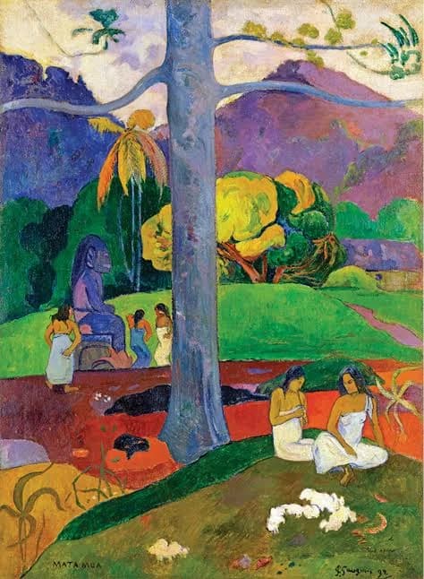 Paul Gauguin's 1892 painting Mata Mua (In Olden Times), showing Tahitian figures gathered in a landscape beneath a great tree