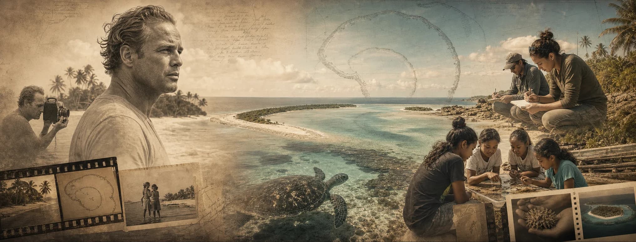 Illustrative composition connecting Marlon Brando's vision with present-day research and education on Tetiaroa