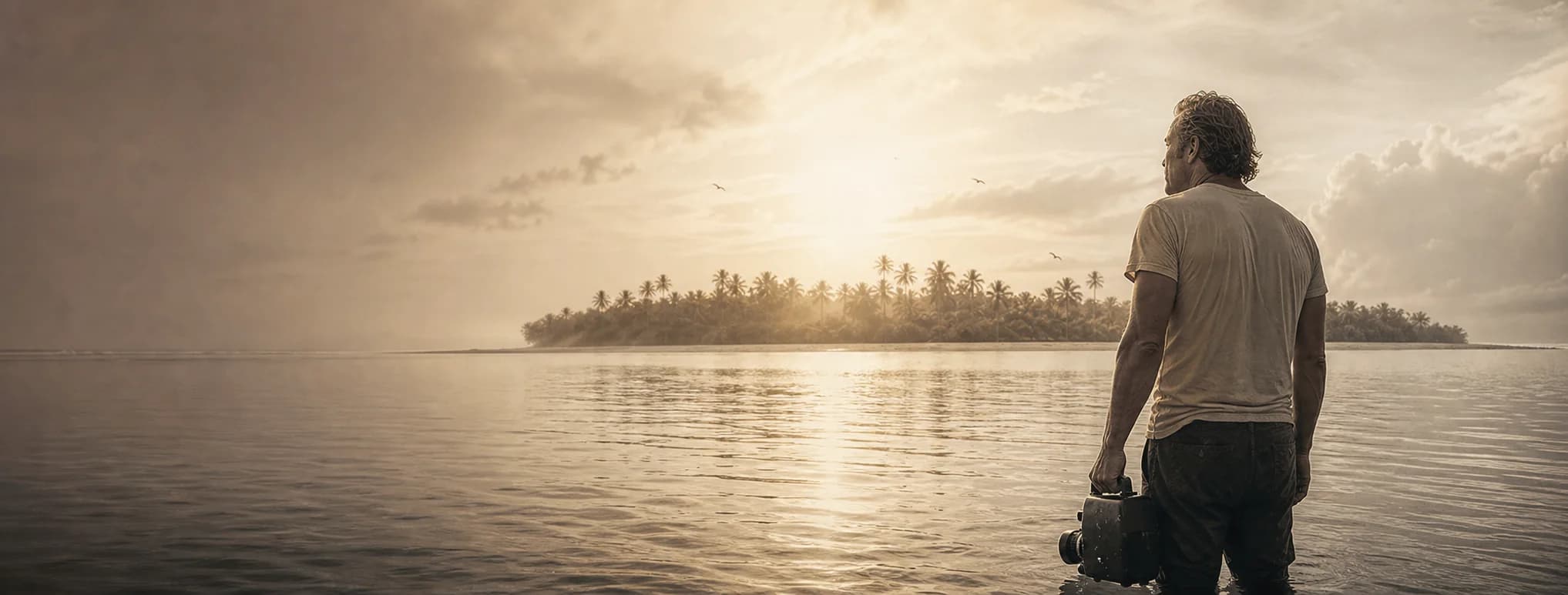 Illustrative composition of Marlon Brando standing in Tetiaroa's lagoon at first light