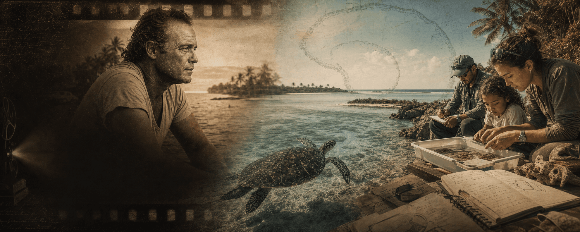 Illustrative composition of Tetiaroa field research and education continuing Marlon Brando's ecological idea