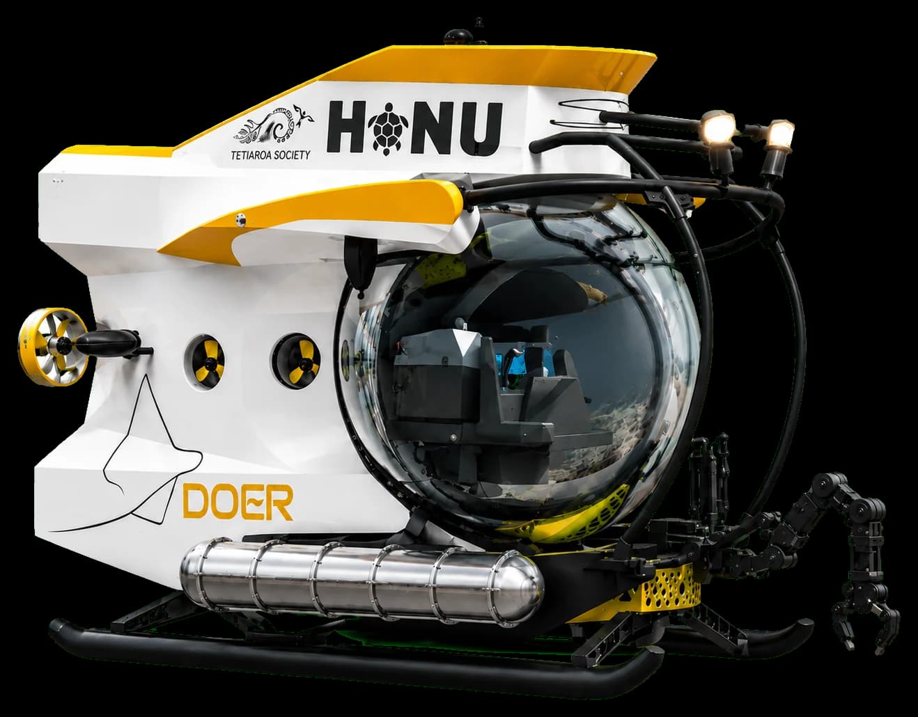 Render of the Honu submersible — acrylic dome, robotic arms, DOER Marine livery
