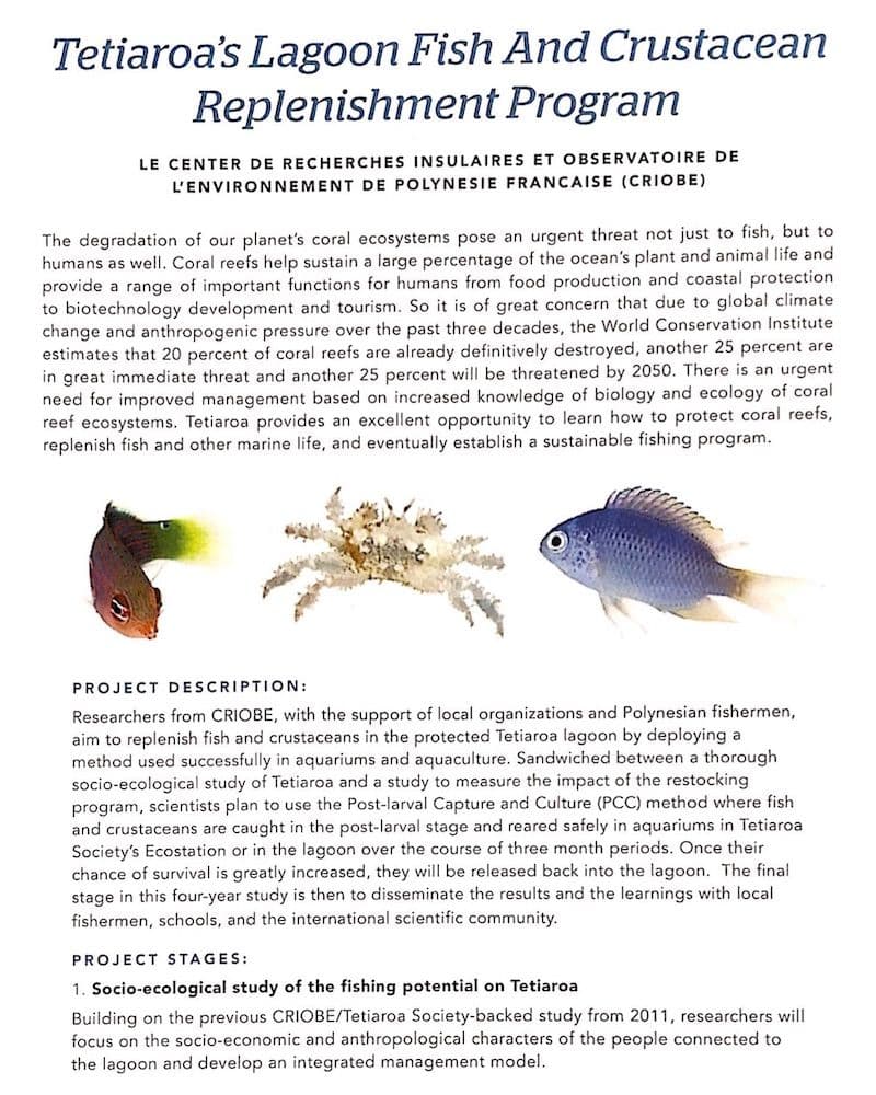 read the pdf: Tetiaroa's Lagoon fish and crustacean replenishment program