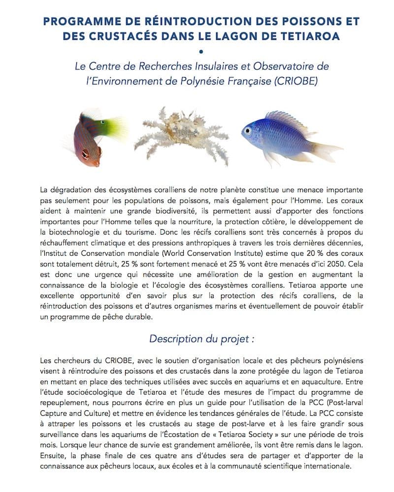 lire le pdf: Réintroduction des poissons et des crustacés dans le lagon de Tetiaroa